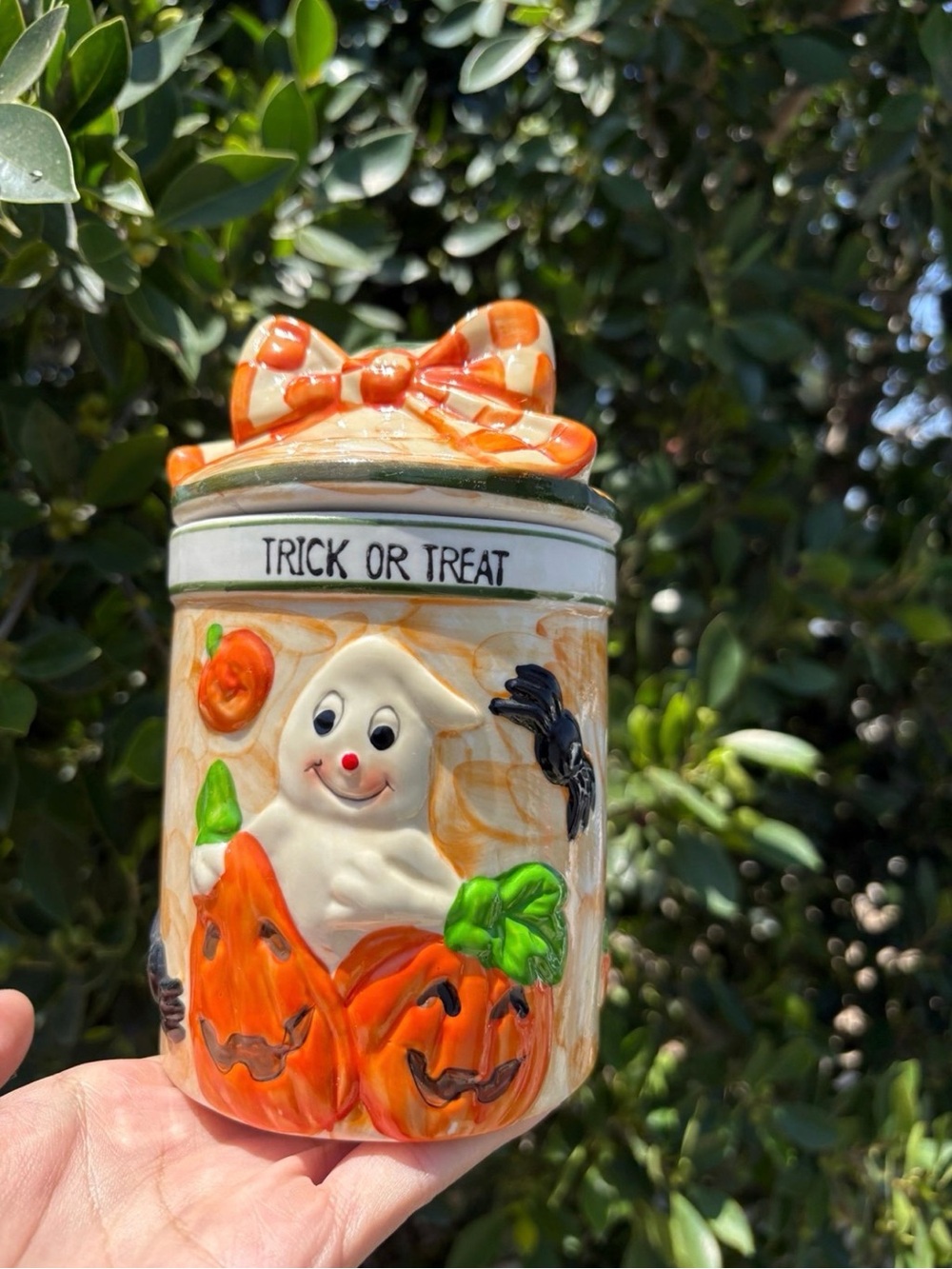 Halloween 'Trick or Treat' Ghost & Pumpkin Ceramic Jar - Orange